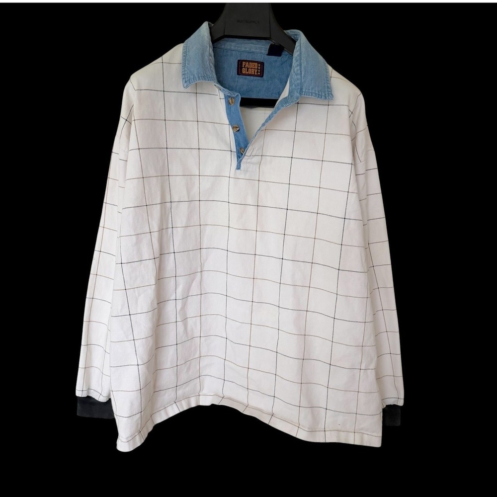 90's Faded Glory 2XL White Windowpane Check Rugby Shirt Denim Collar Distressed